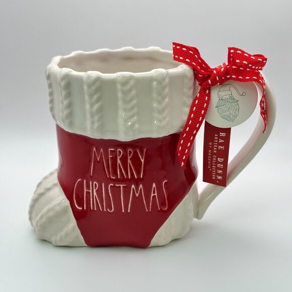 Christmas Stocking Shaped mug by Rae Dunn | Merry Christmas Red and White mug - Picture 1 of 5